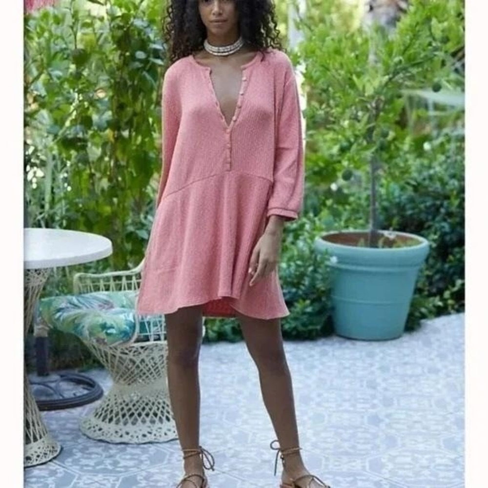 Free People Beach Blossom Button Up Ribbed Mini Dress Small In Love In Mist Pink